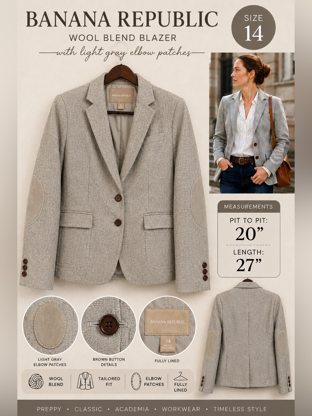 Banana Republic Size 14 Gray Wool Blend Blazer Elbow Patches Preppy Academia